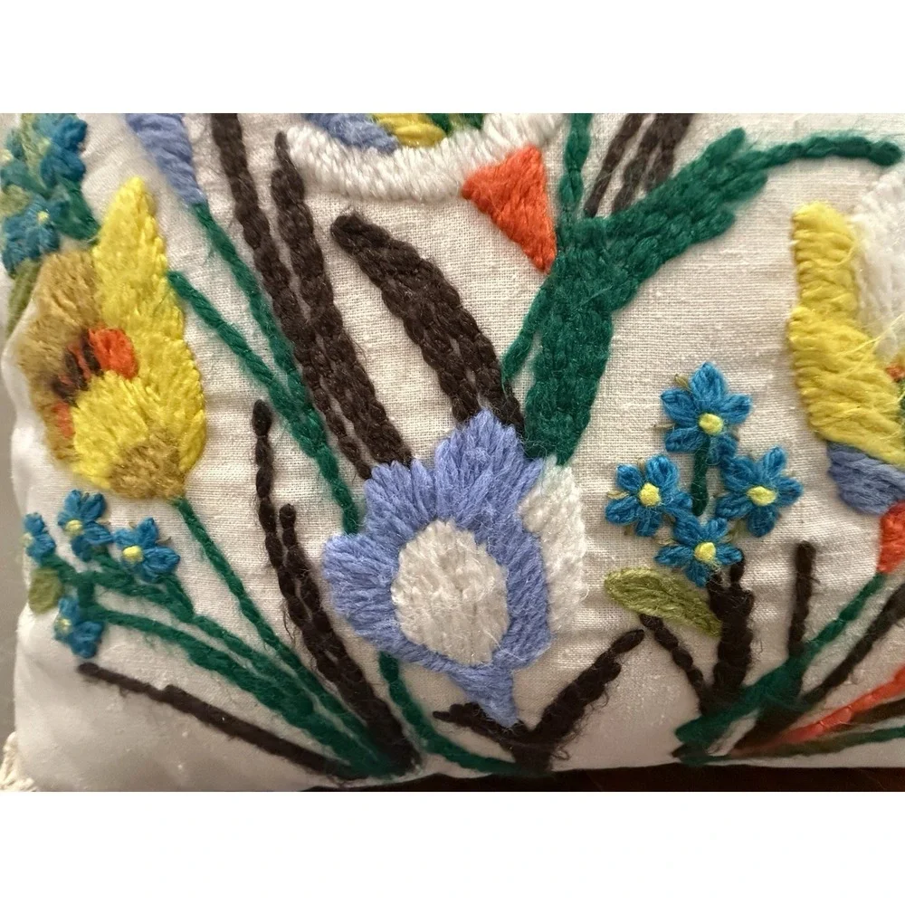 Vintage Hand-Embroidered Floral Throw Pillow with Crochet Trim 13